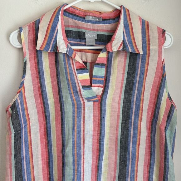 Chico's Women No-Iron FreshChic 100% Linen Striped rainbow colorful Tunic 12/14P - Picture 5 of 11